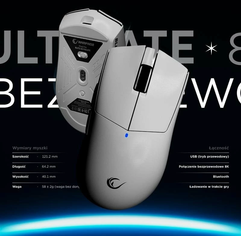 Maus Rampage Blitz Ultimate BLITZ-WHITE 30000 DPI 8000 Hz wireless/USB-C i bardhë set me receiver 8K + kabllo 1.6 m