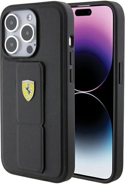 Mbështjellës Ferrari Grip Stand Metal Logo për iPhone 15 Pro, i zi