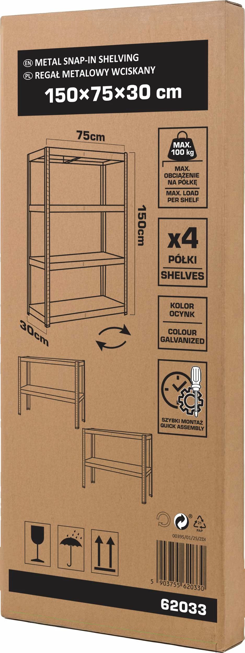 Raft magazinimi PROLINE 62033 150x75x30 cm, 4 rafte, 100 kg/raft, 2-në-1, argjendi