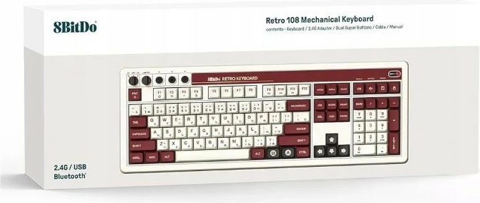 Tastierë mekanike 8BitDo Retro 108 Fami Edition me Dual Super Buttons, për PC, maroon dhe e bardhë