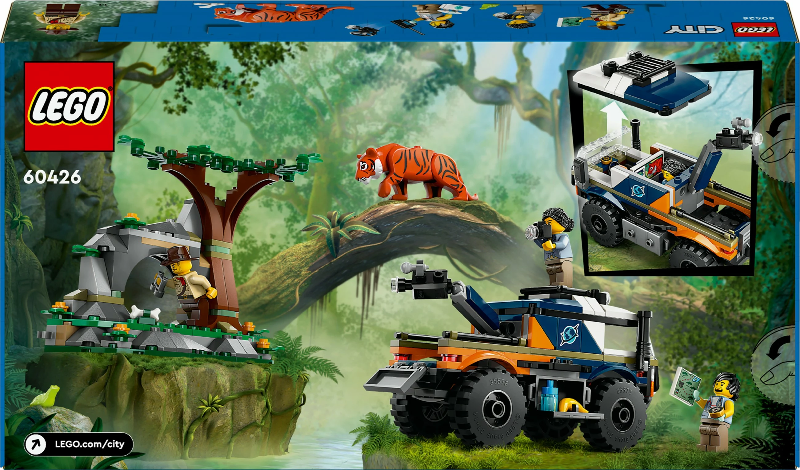 Set LEGO City 60426 Jungle Explorer Truck, lodër ndërtimi, kamion aventurier, me figurina dhe tigër