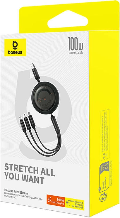 Kabllo 3-në-1 Baseus Free2Draw, 1.1m, 100W, USB në Micro+Lightning+USB-C, e zezë