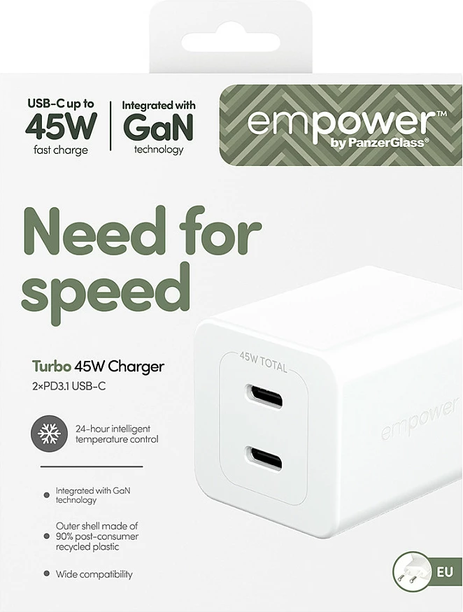 Karikues PanzerGlass empower Turbo 45W, 2x USB-C, EU Plug, i bardhë