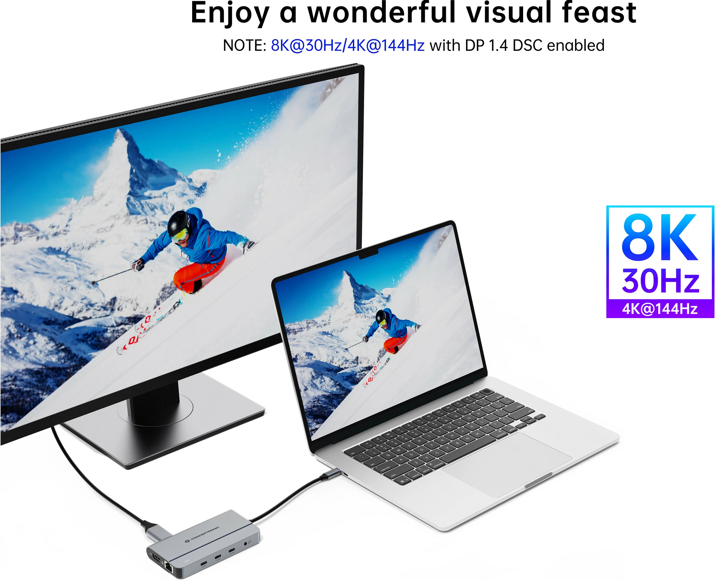 Dok USB-C Conceptronic 10-në-1, 8K HDMI/DisplayPort, 100W PD, Gigabit LAN, gri