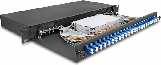 Kuti splice fibër optike DeLOCK 19" 1U, 24x LC Duplex OS2, metal, e zezë