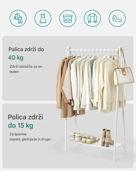 Varëse rrobash SONGMICS HSR023W01, me raft poshtë, 33.5 x 92.5 x 153 cm, e bardhë