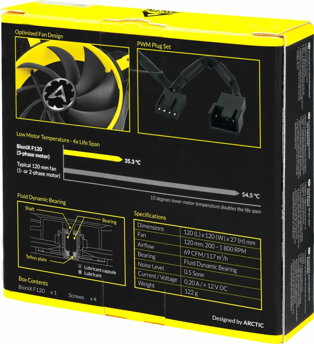 Ventilator kasë Arctic BioniX F120 120mm PWM 4-pin 1800rpm, zi/verdhe, 1 copë