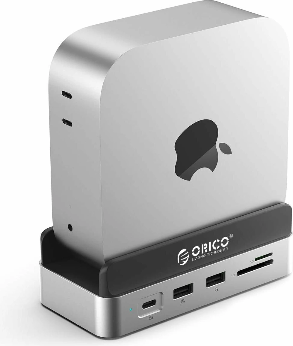 Docking station Orico MiniDock për Mac Mini M4, USB-C 10Gbps, me strehë M.2 NVMe/NGFF, HDMI 4K@60Hz, LAN, SD/microSD, PD 100W, vertikale, silver