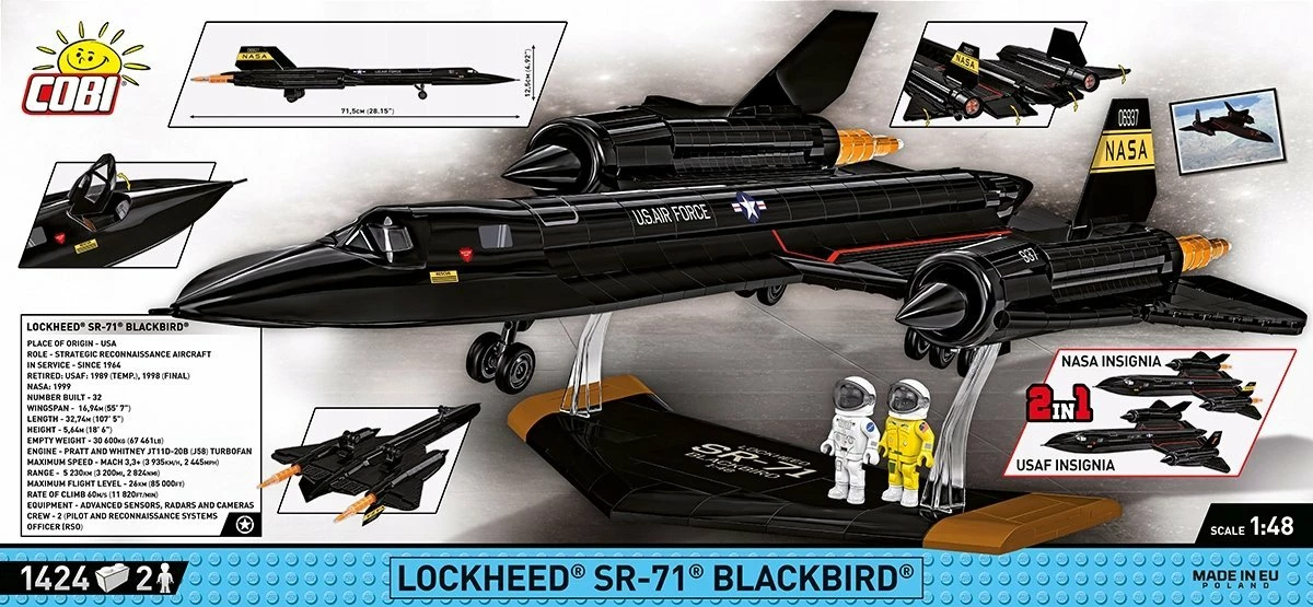 Set ndërtimi Cobi Lockheed SR-71 Blackbird Executive Edition, 1424 pjesë, shkallë 1:48, 71 cm, e zezë, me 2 figura pilot dhe stendë