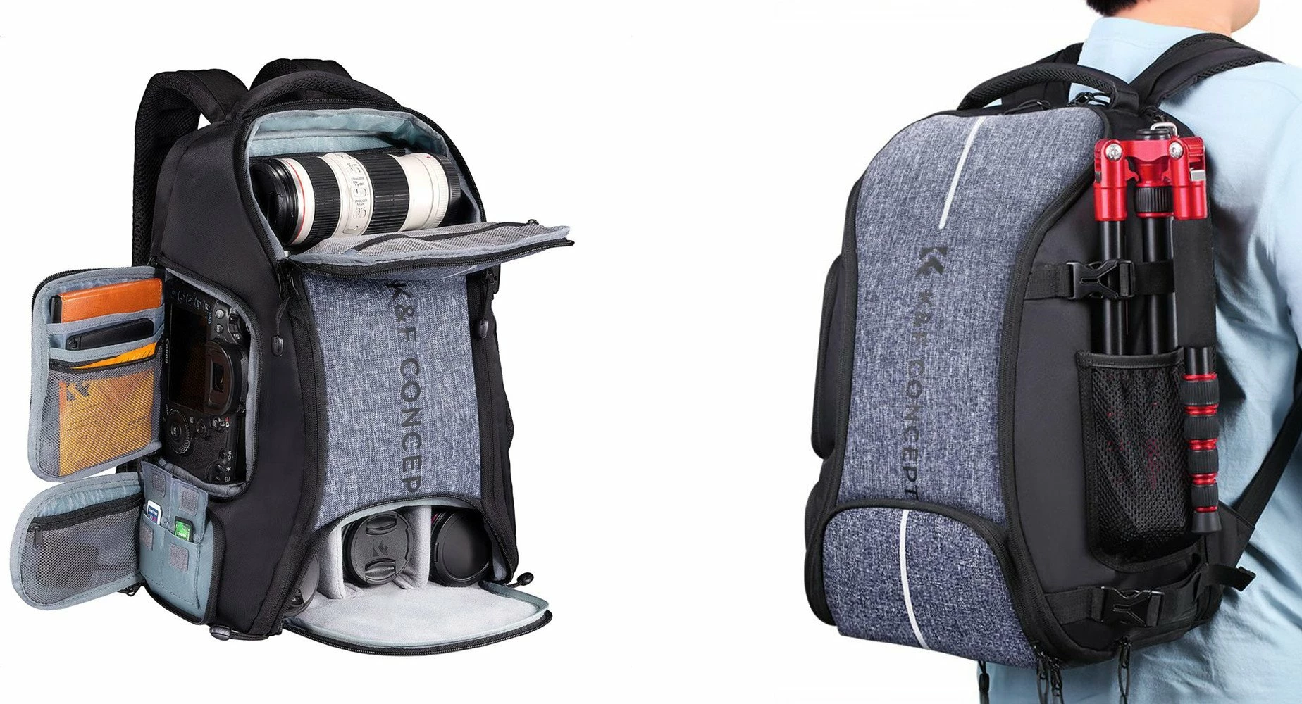 Çantë shpine për kamerë K&F Concept Camera Backpack 25L, për laptop 15.6\", 840D e papërshkueshme nga uji, me mbulesë shiu, gri