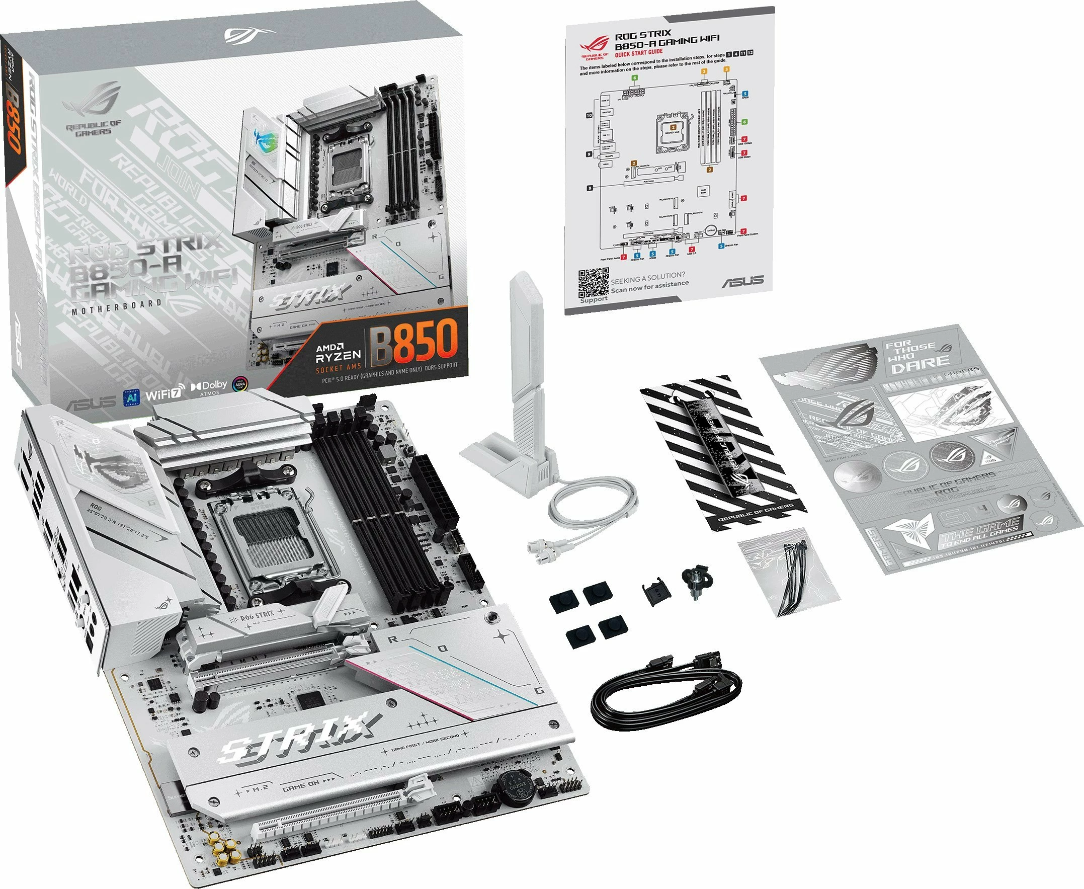 Pllakë amë Asus ROG STRIX B850-A GAMING WIFI, AM5, ATX, DDR5, Wi‑Fi 7, 2.5GbE, e bardhë, me antenë Wi‑Fi