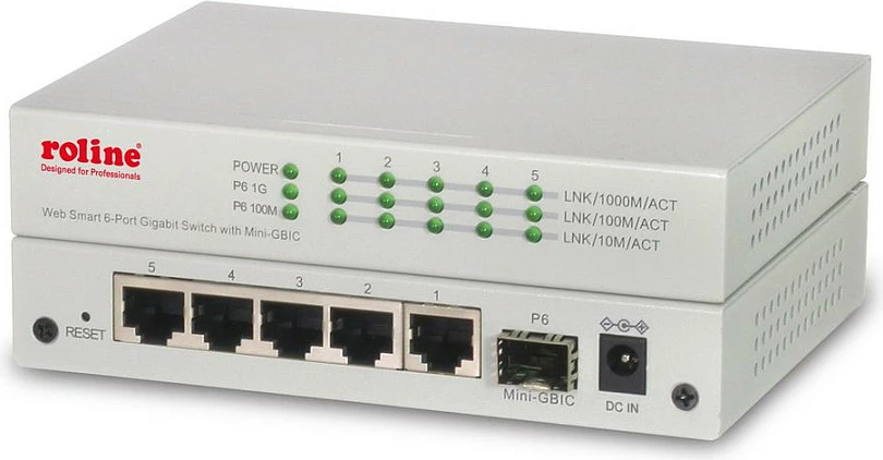 Switch ROLINE 21.14.3523, Managed, 5x Gigabit RJ-45 + 1x SFP, metal, montim në mur, gri