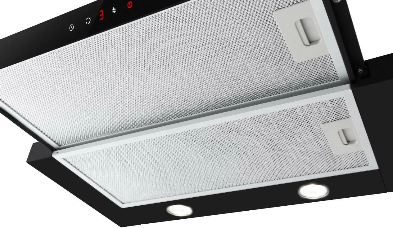 aspirator kuzhine Amica OTP6641BG 60 cm i inkaso, kontroll me prekje, 3 shpejtësi, rrjedhje maksimale 389 m³/h, LED, i zi