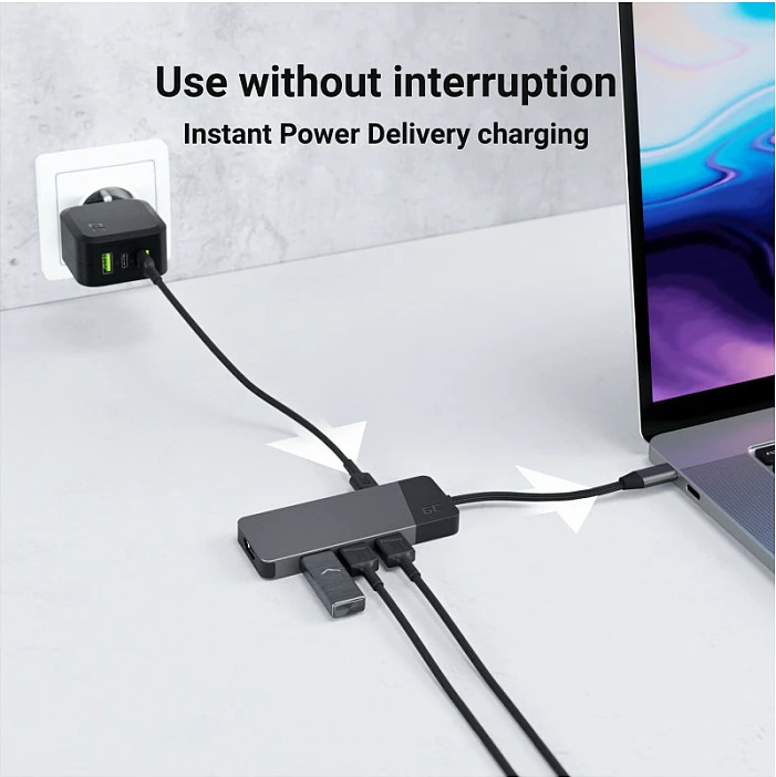 USB-C hub Green Cell, 7-në-1, HDMI 4K 60Hz, USB 3.2, SD/microSD, PD 85W, argjend
