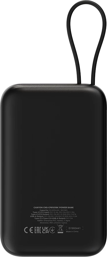 Power bank CANYON OnPower 101 10000 mAh PD 22.5W me kabllo të integrume Type-C, e zezë