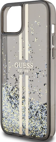 Mbështjellës Guess Liquid Glitter Gold Stripes për iPhone 15 Plus / 14 Plus, e zezë