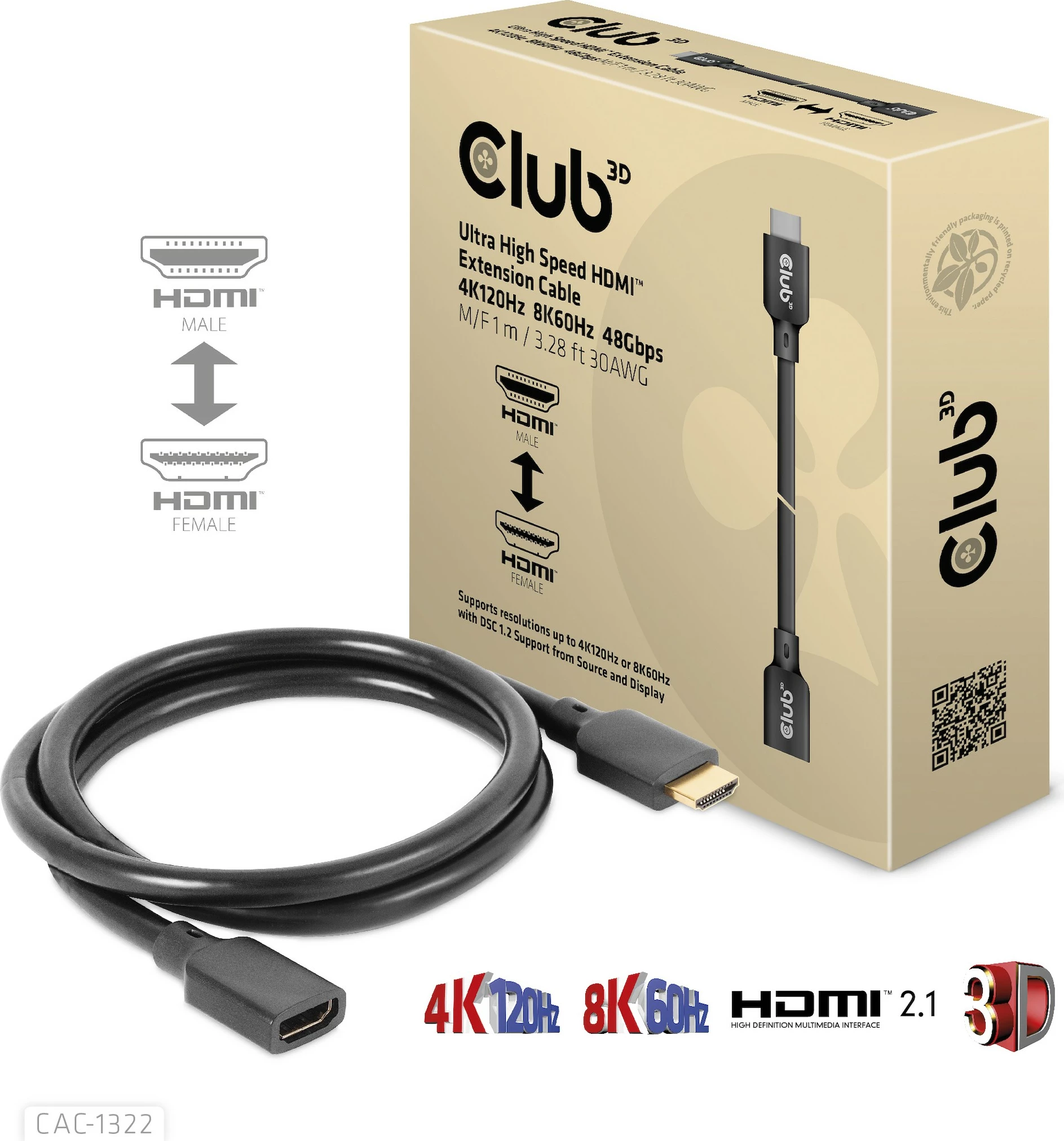 Kabllo HDMI zgjatues Club3D 2.1, 1m, e zezë