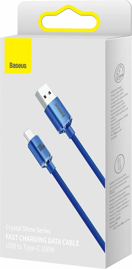 Kabllo karikimi e shpejtë Baseus Crystal Shine Series USB-A në USB-C, 1.2m, 100W, Kaltër