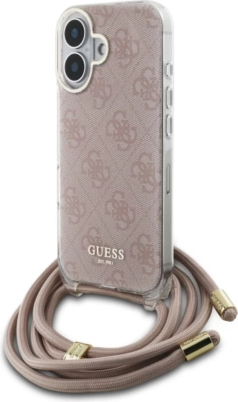 Mbështjellës Guess Crossbody Cord 4G Print për iPhone 16, Rozë