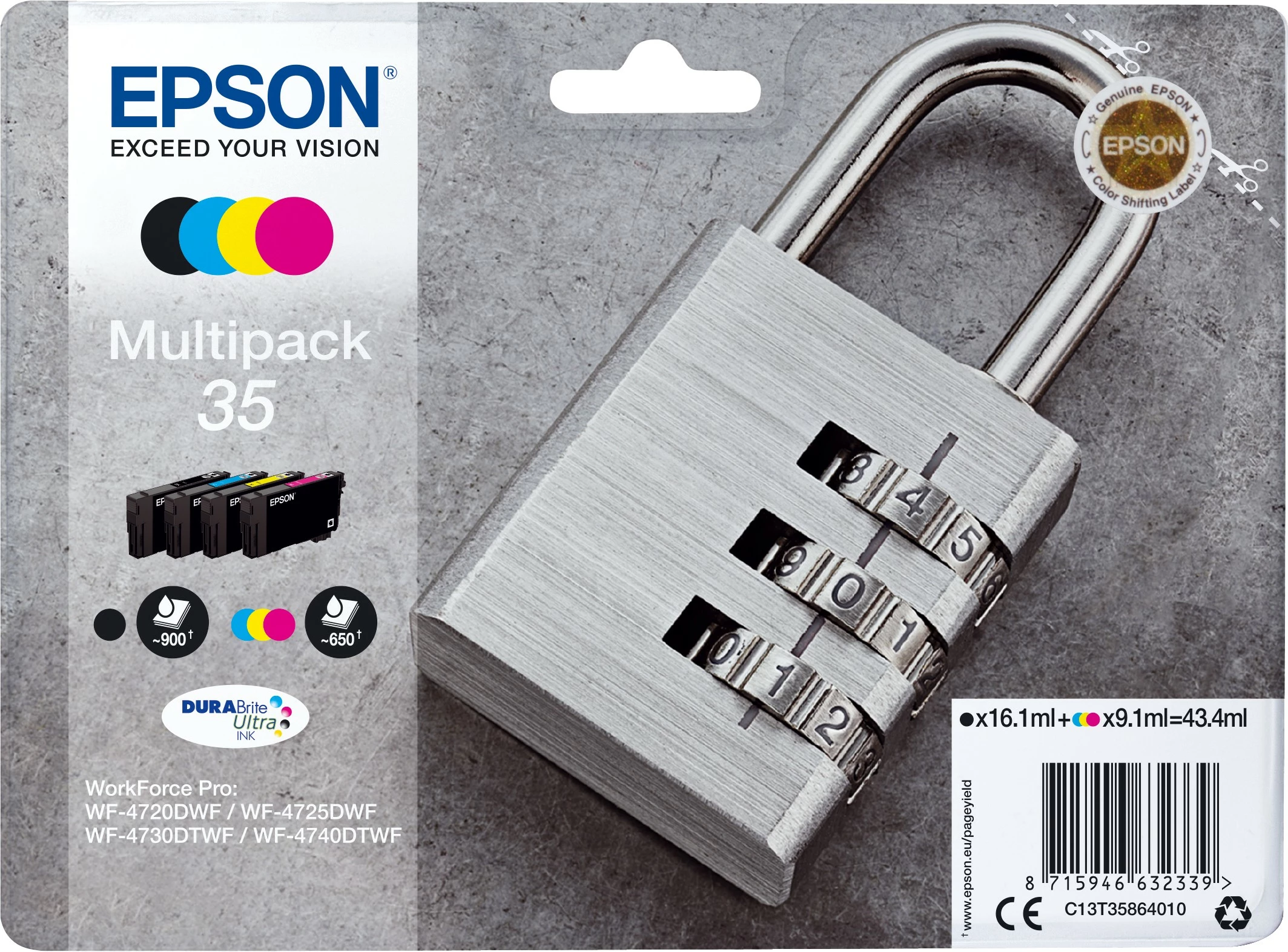 Multipak bojë Epson DURABrite Ultra 35, 4 ngjyra, Standard Yield, e zezë, cian, magenta, e verdhë