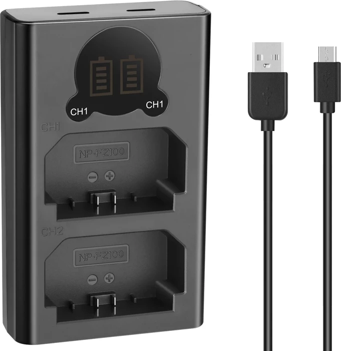 Karikues dual baterie Neewer DL-FZ100 për Sony NP-FZ100, Micro-USB/USB-C, me ekran LCD, set me kabllo Micro-USB