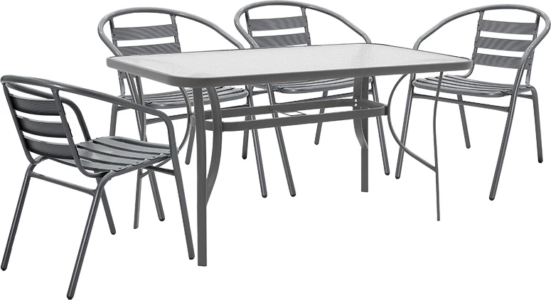 Tavolinë me karrige Ensure-Tade, metal-xham, ngjyrë gri e errët, 140x80x70cm, 5 copë