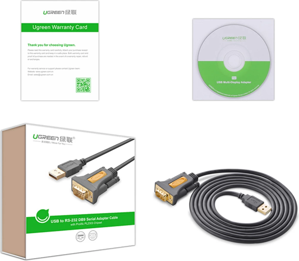 Kabllo adapter Ugreen CR104, USB-A në DB9 RS-232, 1.5m, Gri