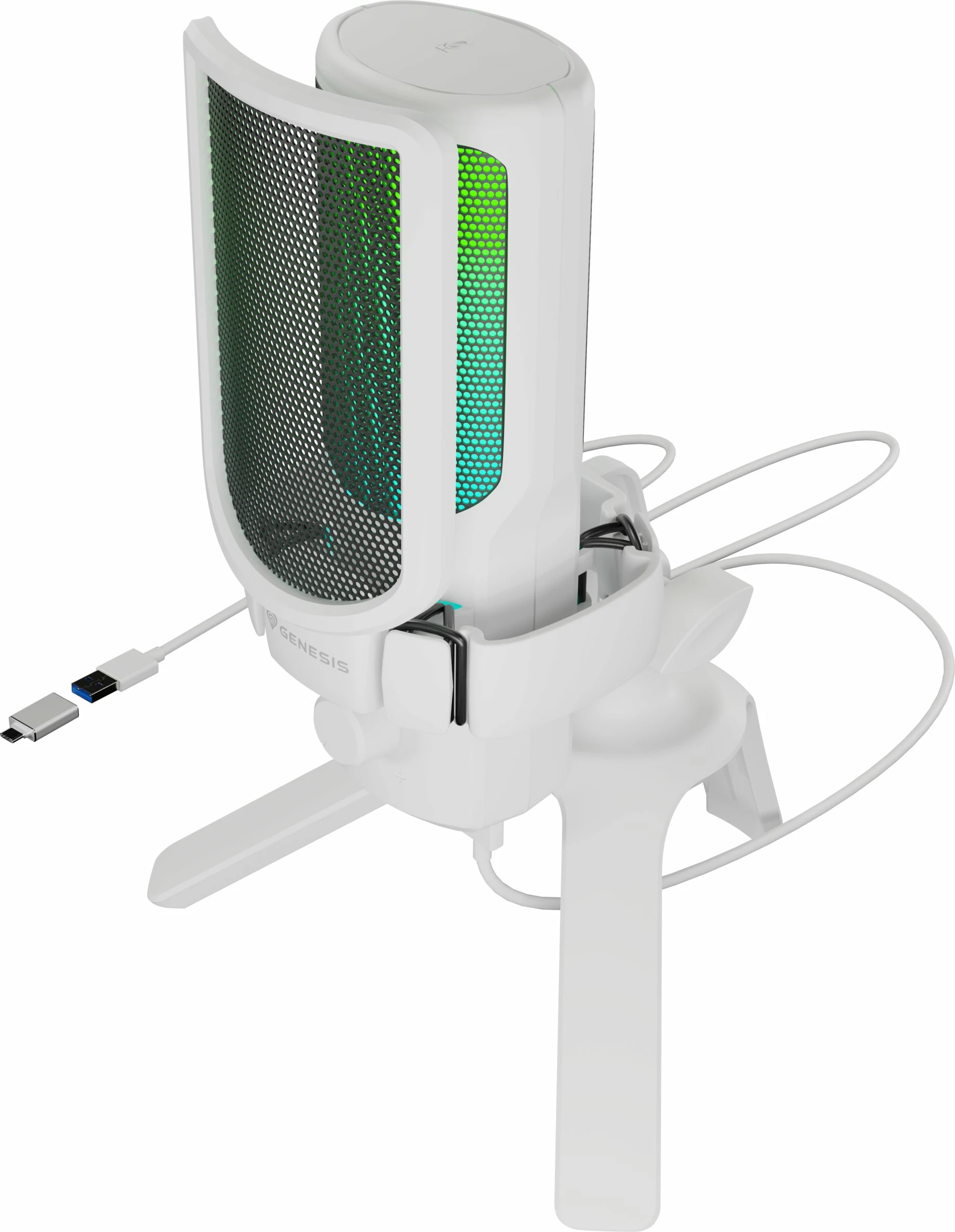 Mikrofon kondensator GENESIS Radium 250 NGM-2353, USB-C, kardioid, set me tripod dhe pop filter, i bardhë