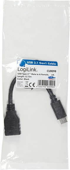 Adapter LogiLink USB-A (femër) në USB-C (mashkull), 0.15 m, i zi