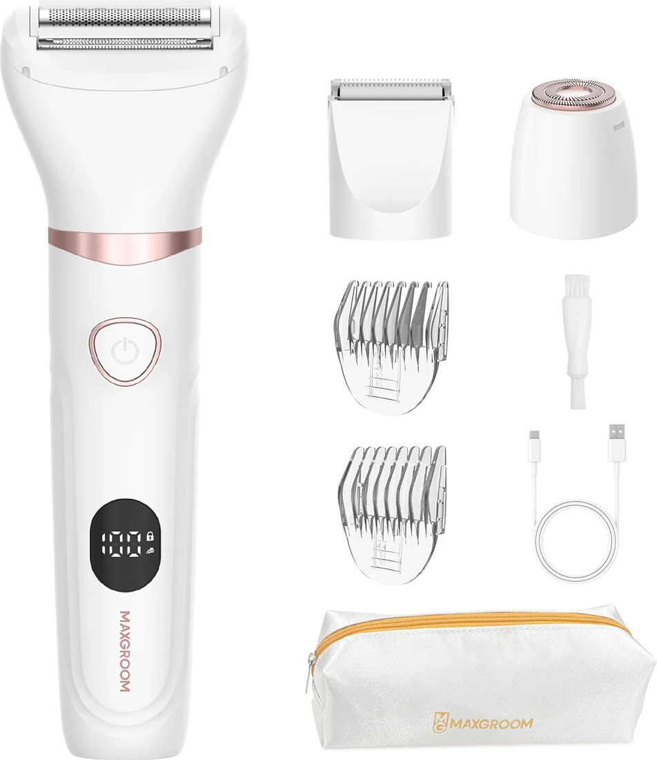 Trimer 3-në-1 për trup dhe fytyrë MAXGROOM M-105 (JK105), 600mAh, USB-C, me display LED, set me 3 koka + 2 krehëra + çantë, e bardhë