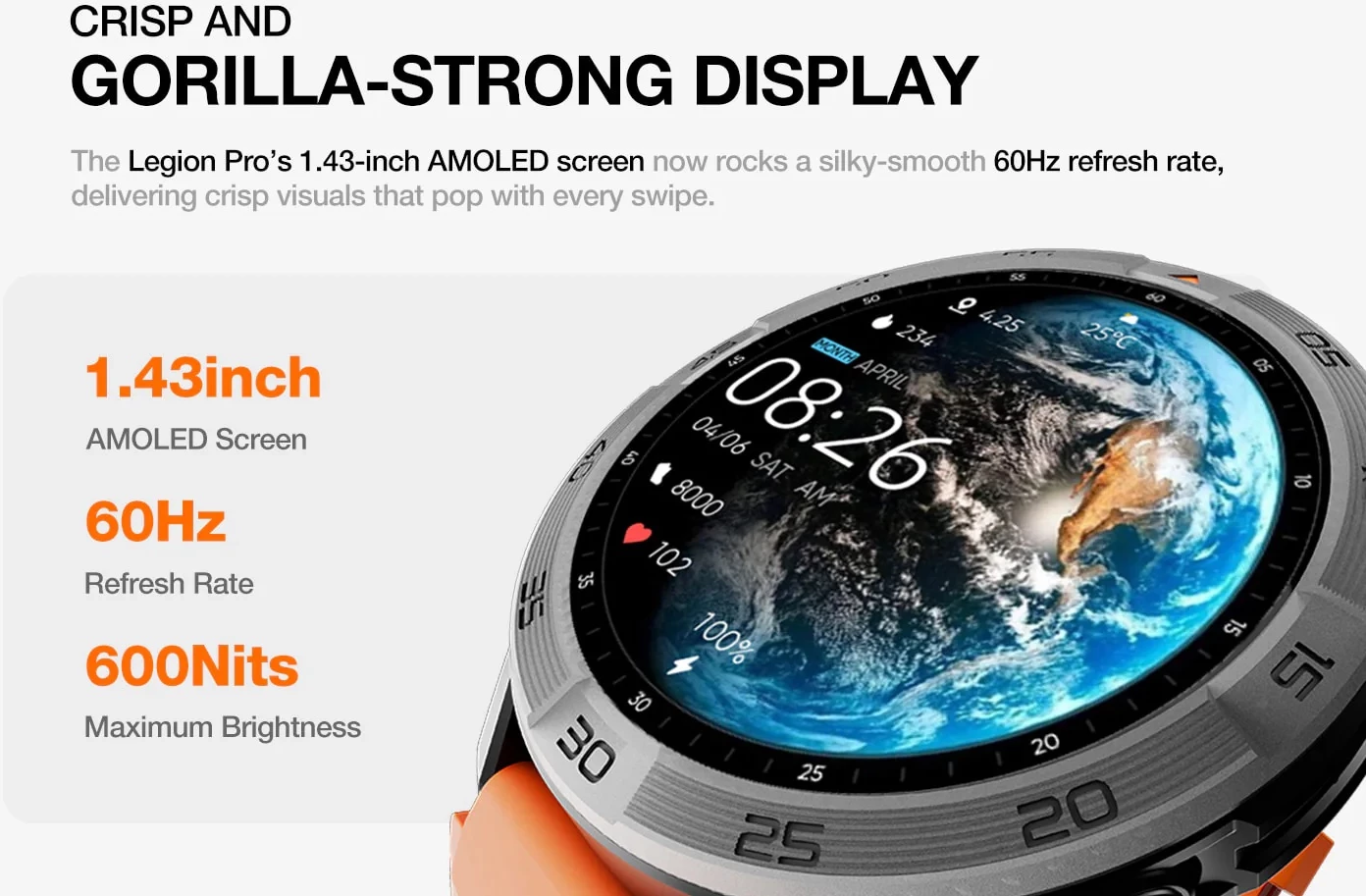 Smartwatch AGM Legion Pro 24166, GPS, harta offline, 5ATM, IP67, MIL-STD-810H, AMOLED 1.43\" 60Hz, Bluetooth thirrje, set me 2 rripa (portokalli neon + zi), i zi