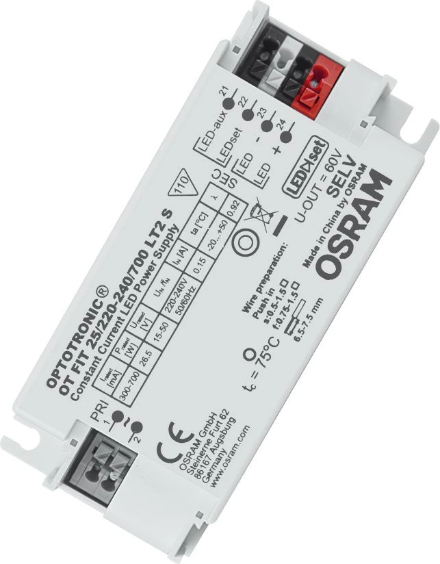 Driver LED OSRAM OPTOTRONIC OT FIT 25/220-240/700 LT2 S, 300-700mA, 15-50V, i bardhë