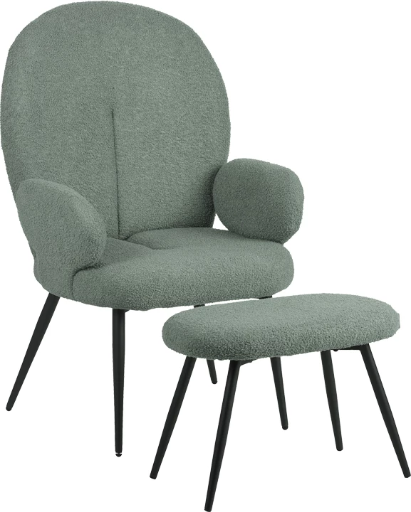 Karrige me këmbë për këmbë Qarar, stof boucle, ngjyrë e gjelbër e çelur, këmbë metalike të zeza, 67.5x67.5x106cm