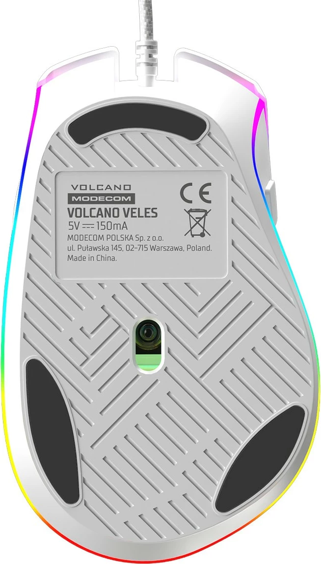 Maus MODECOM Volcano Veles, me kabllo USB, optik, RGB, 800-12800 DPI, 8 butona, bardhë