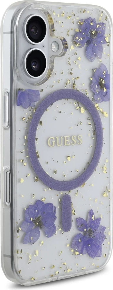 Mbështjellës Guess Resin Flowers Glitter MagSafe për iPhone 16, Vjollcë
