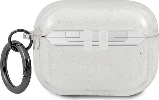 Mbështjellës për AirPods Pro Karl Lagerfeld Karl’s Head KF000835-0 TPU me glitter me unazë karabiner, Silver
