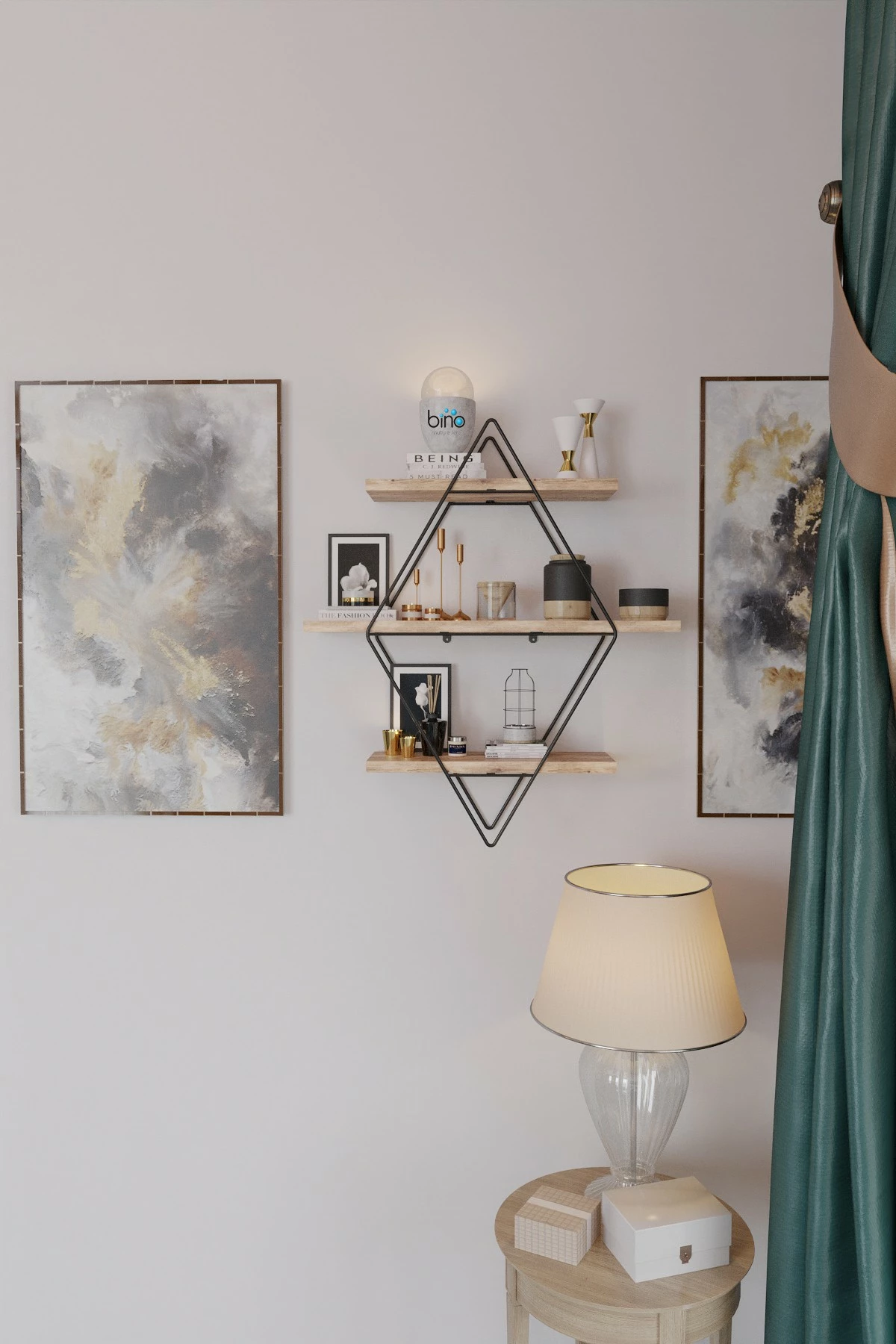 Raft muri dekorativ, ngjyrë ari dhe e zezë, Skye Decor, Prizma Raf, madhësi e madhe, për sallon