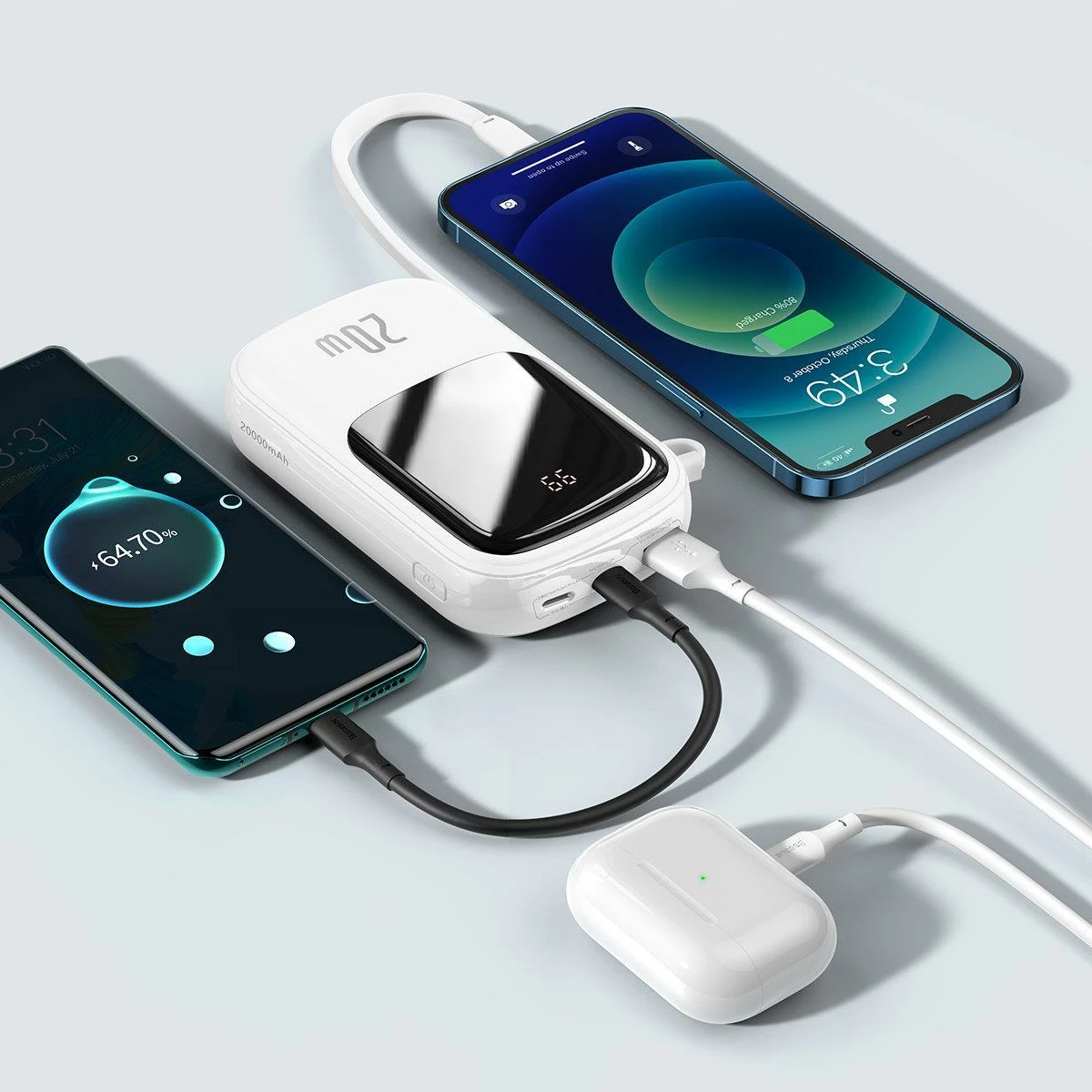 Power bank Baseus Qpow 20000mAh, 20W, me kabllo Lightning të integruar, Bardhë