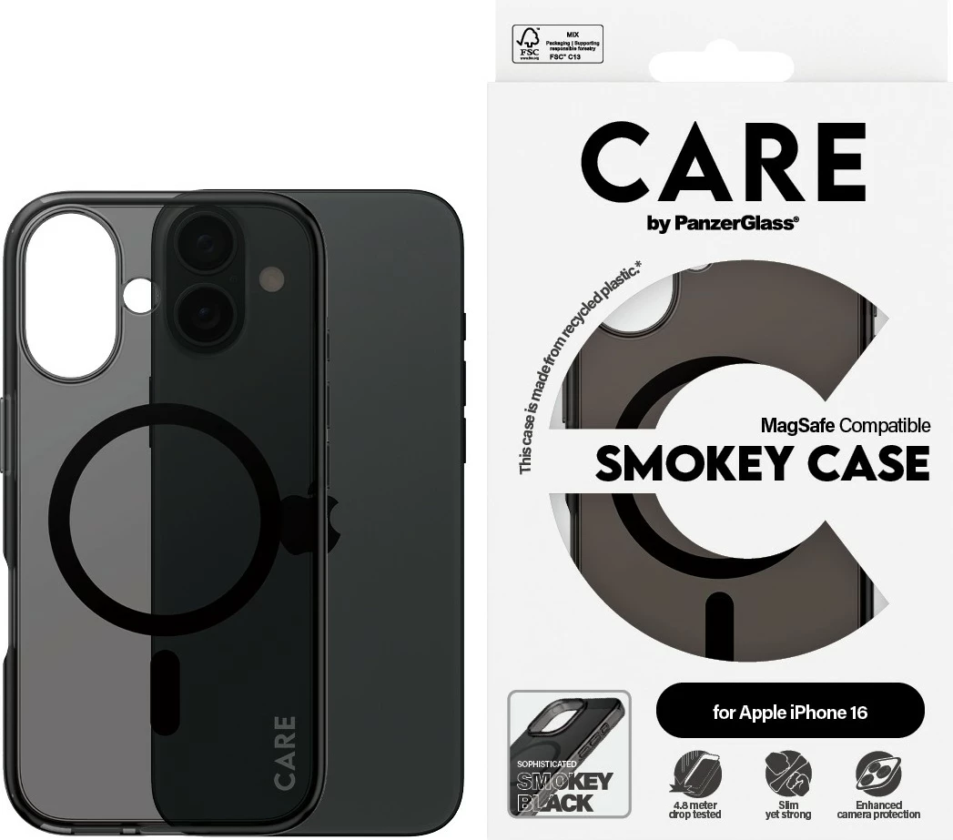 Mbështjellës PanzerGlass CARE Case Flagship Smokey MagSAFE për iPhone 16, zi