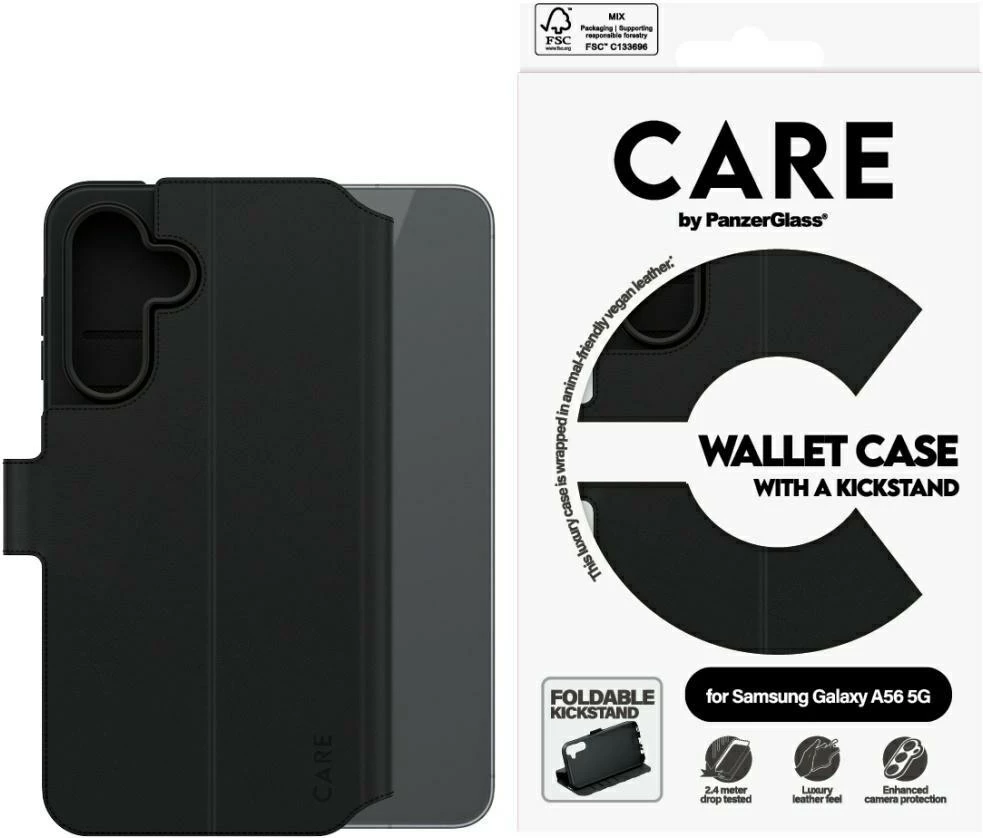 Mbështjellës PanzerGlass CARE Wallet Kickstand për Samsung Galaxy A56 5G, Zi