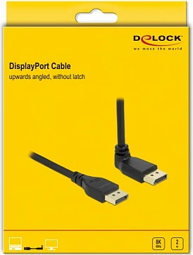 Kabllo DisplayPort DeLOCK 2 m, 8K 60Hz, DP 1.4, konektor 90° i kënduar, e zezë