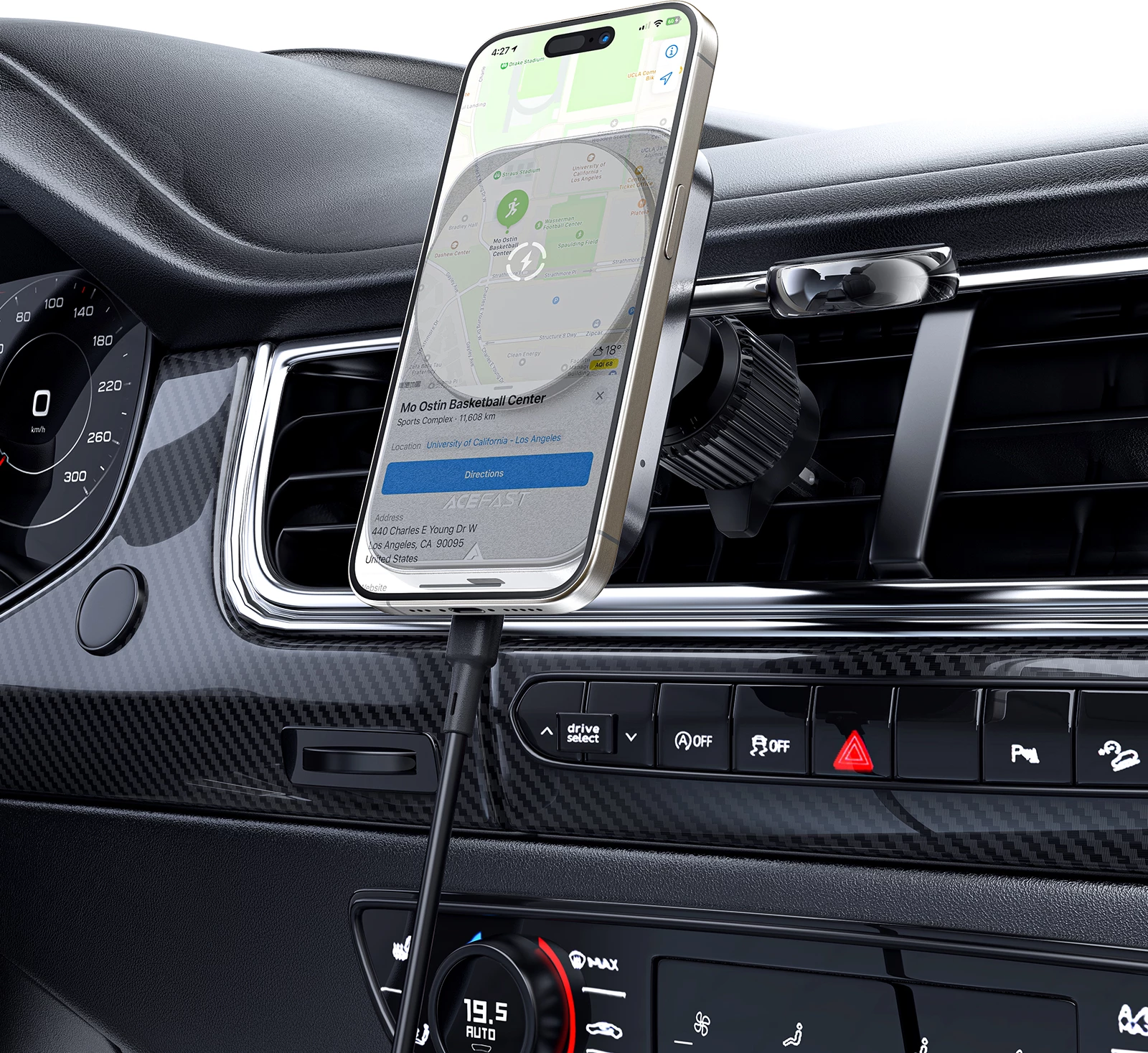 Mbajtës magnetik për veturë me karikues wireless Acefast D18, 15W, MagSafe/Qi, me kabllo USB-A në USB-C, zi