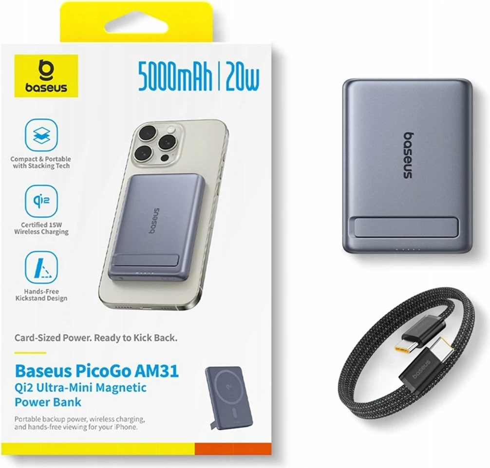 Powerbank Baseus PicoGo AM31 5000mAh 20W Qi2 magnetik, hiri