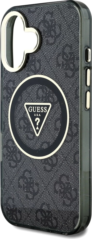 Mbështjellës Guess IML Metal Glitter 4G Circle Triangle MagSafe për iPhone 16, i zi