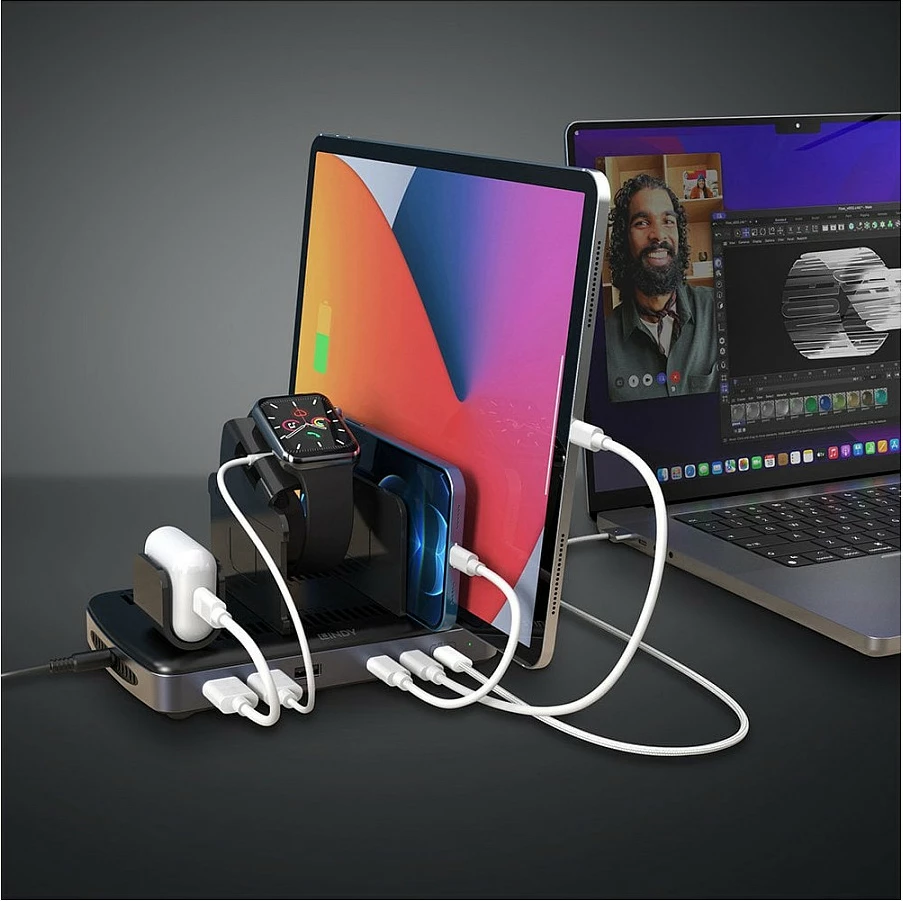 Stacion karikimi USB LINDY 6-Port 160W, 3x USB-C PD + 3x USB-A, zi/gri