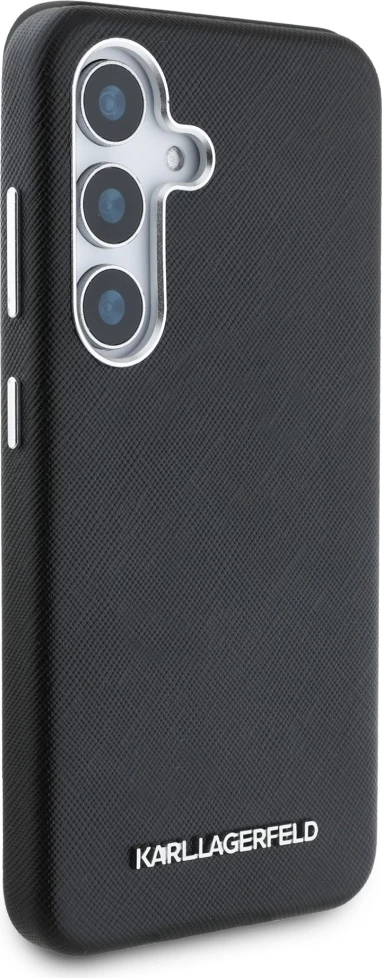 Mbështjellës Karl Lagerfeld Saffiano Full Wrapped Elongated Metal Logo MagSafe për Samsung Galaxy S25, Zi