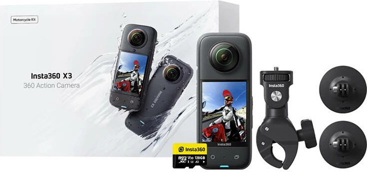 Kamerë aksion 360, Insta360 X3, 5.7K 360, 72MP, IPX8, Motorcycle Edition me aksesorë për motoçikletë, e zezë