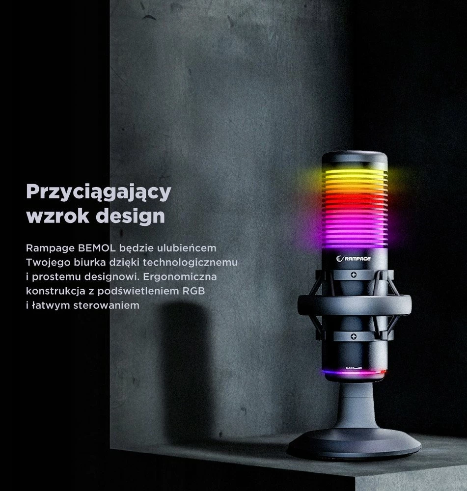 Mikrofon Rampage Bemol RGB USB-C/3.5mm, me tripod & shock mount, i zi