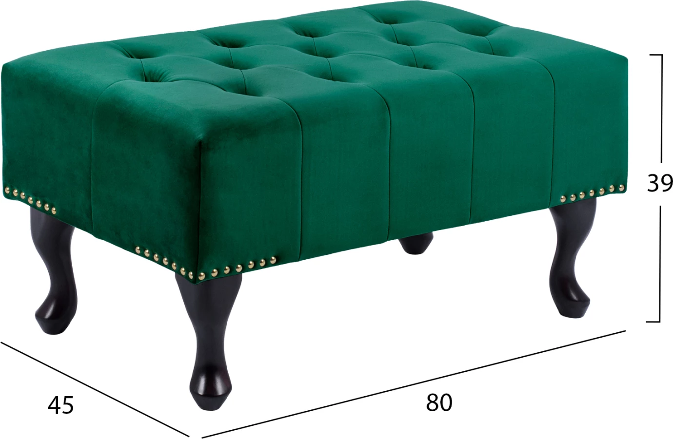 Stol piano Chesterfield, kadife, jeshile, këmbë të zeza, 80x45x40 cm