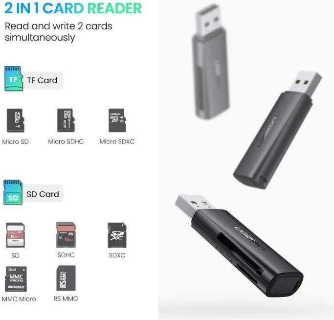 Lexues kartelash UGREEN 60722 SD/microSD USB 3.0 5Gbps, i zi, me kuti